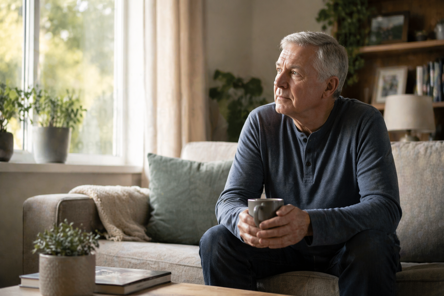 Person reflecting at home after stroke recovery